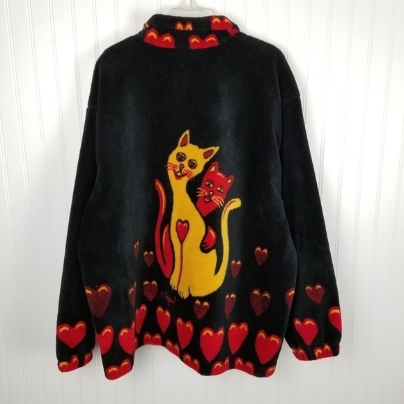 Vintage Polar Magic Fleece Jacket Black Novelty Y2K Canada Cats Hearts Size XL - Picture 4 of 11